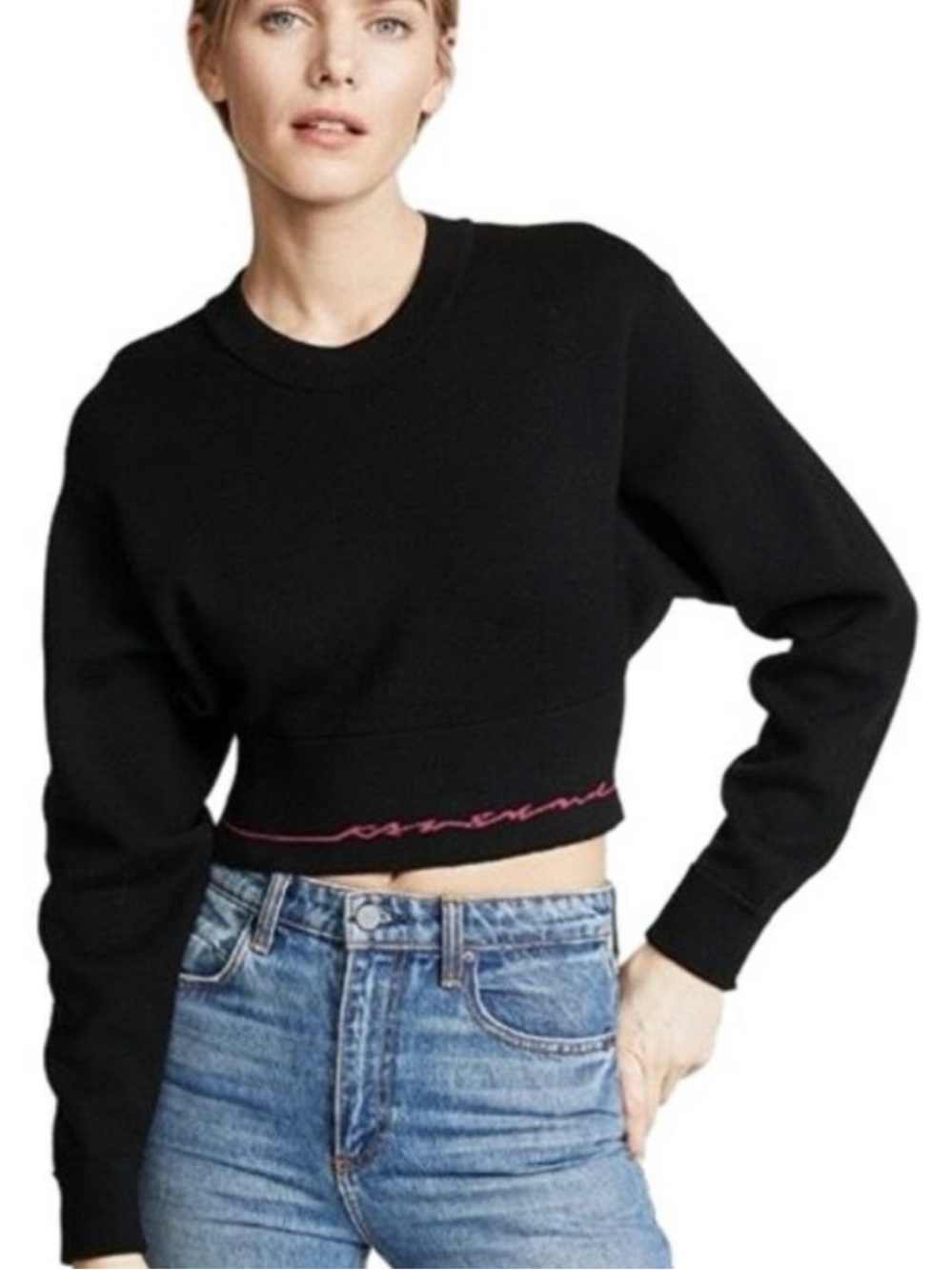 rag & bone Black Cropped Crewneck Sweater with Pink Hem Stitching